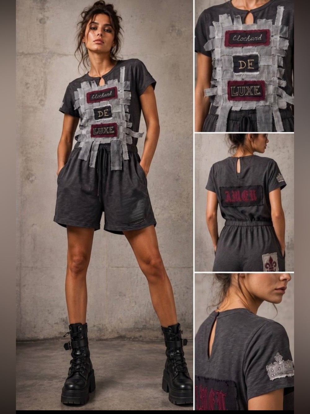 Hand Crafted Navy Blue Short Sleeve Romper with Gray & Burgundy Appliqué